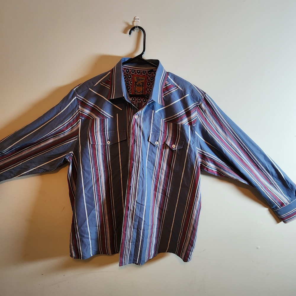 Men's Blue and Burgundy Striped Button-Up Shirt